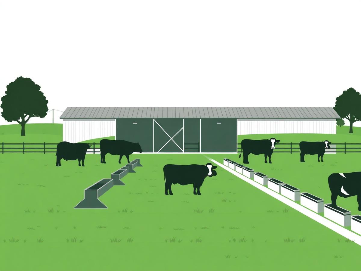 Illustration of a modern dairy farm with cattle and feeding troughs